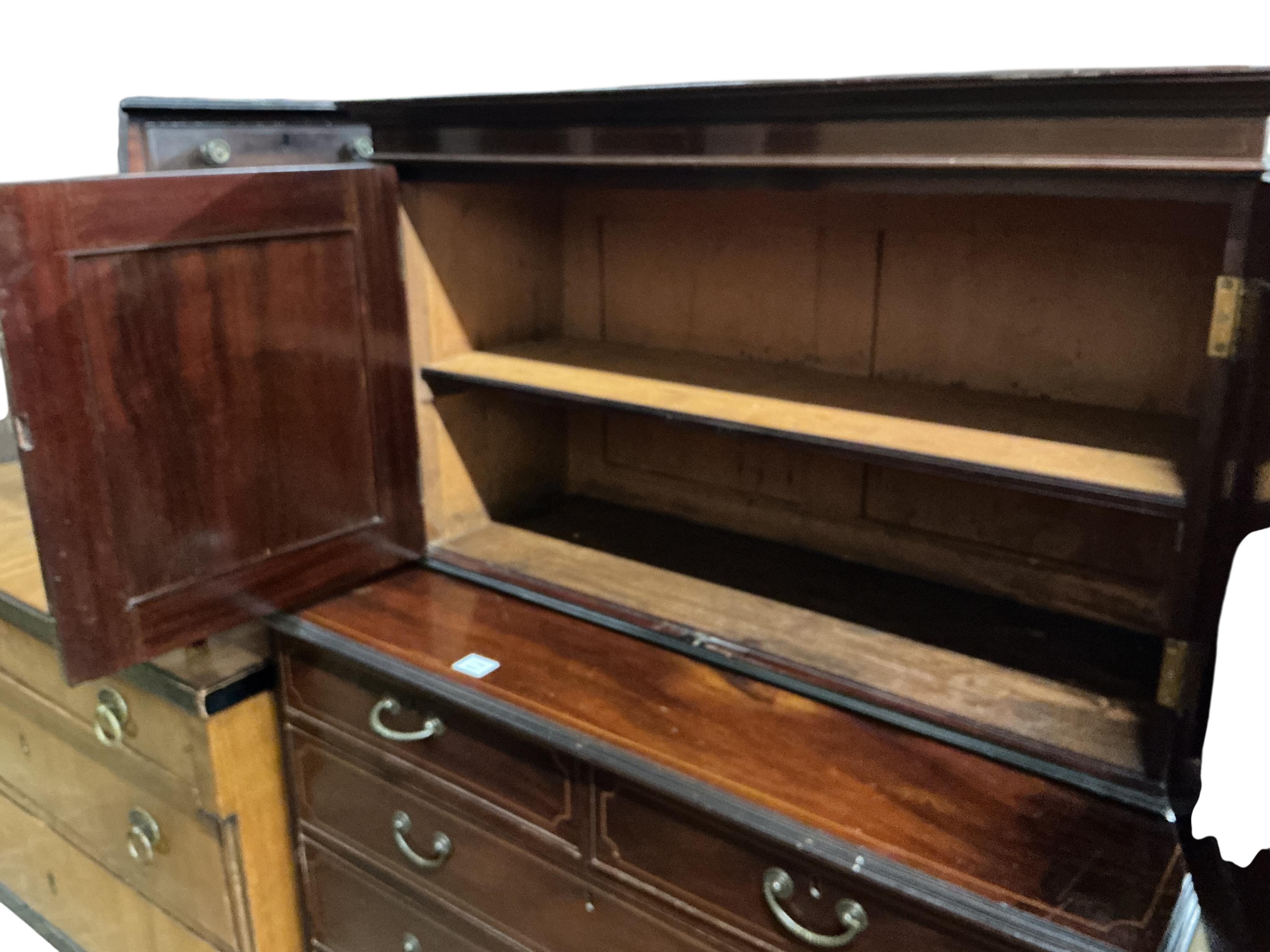 A George III inlaid mahogany cabinet chest on chest, width 110cm, depth 56cm, height 149cm